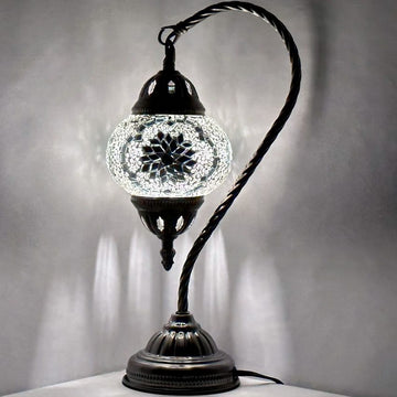 Ethereal Flora: White Flower Mosaic Table Lamp with Swan Neck