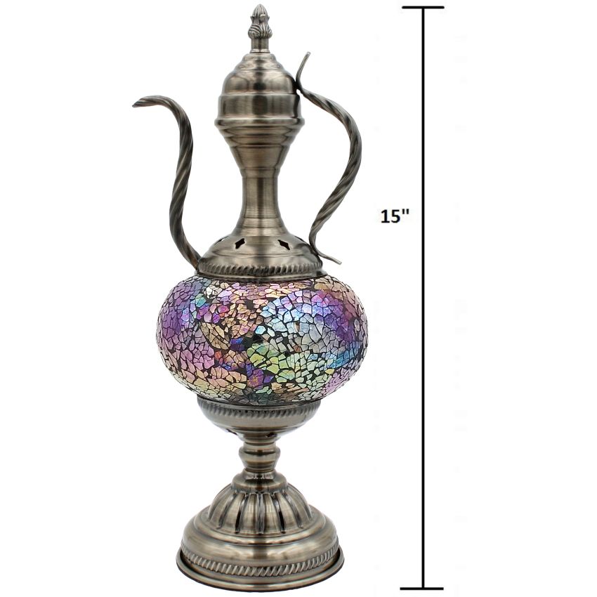 a silver vase with a colorful design on it