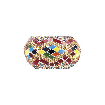 a multicolored glass box with gold trim