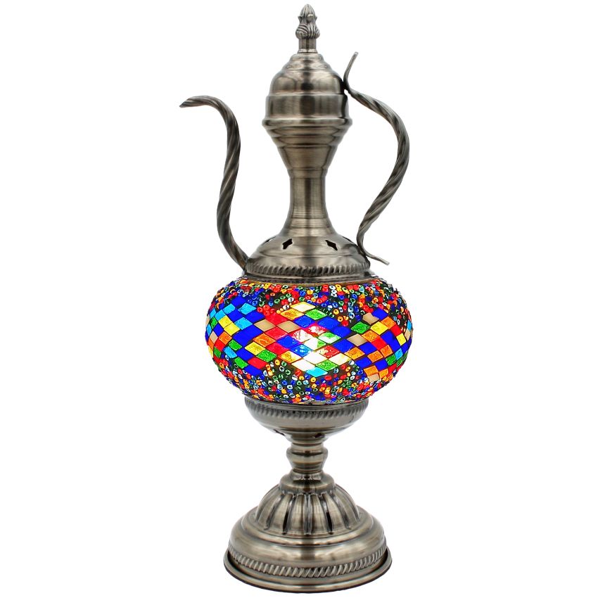 a silver vase with a colorful design on it