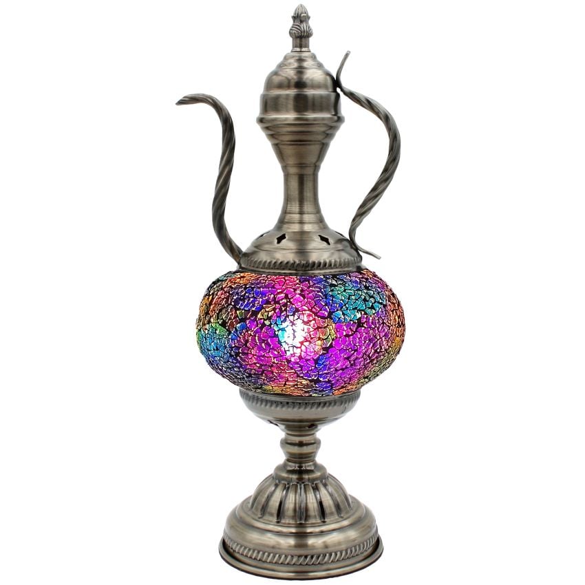 a silver vase with a colorful design on it