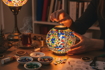 Hands finishing a glowing Turkish-style mosaic glass lamp at a cozy craft table with bowls of colored glass