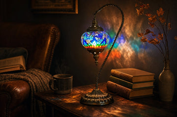 A Turkish-style mosaic lamp lighting a cozy reading nook
