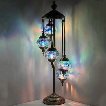 Five-tier Turkish-style mosaic glass floor lamp with five globes