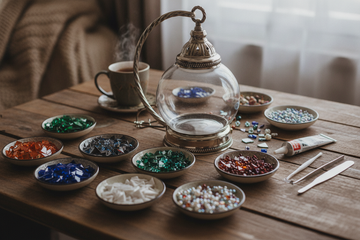 Contents of an at-home Turkish mosaic lamp kit laid out