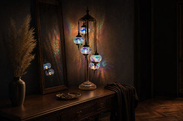 A mosaic glass lamp as a glowing focal point in an entryway