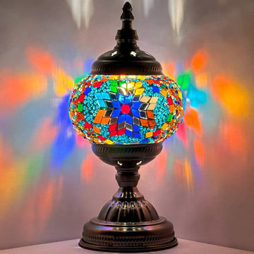 Multicolored handmade Turkish mosaic glass round-ball table lamp glowing with hundreds of hand-cut glass pieces