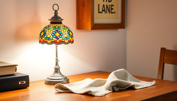 A colorful Turkish mosaic glass desk lamp glowing on a tidy wooden desk with a soft cloth resting nearby