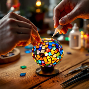 Applying glue to a glass mosaic tile before placing it on a Turkish mosaic lamp globe