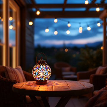 Handmade Turkish mosaic glass lamp glowing on a covered patio table at dusk