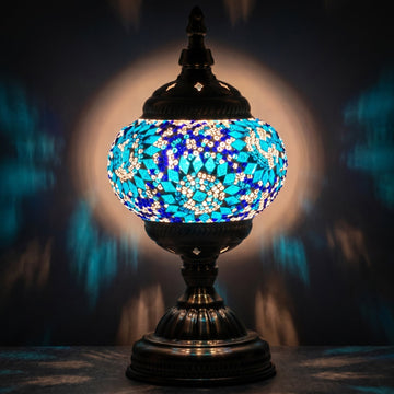 Blue Pearl Fantasy mosaic night lamp on a vanity shelf in a walk-in closet