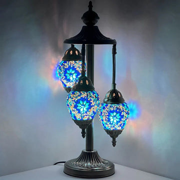 Midnight blue egg-shaped handmade mosaic glass floor lamp with three oval globes