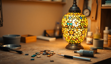 A colorful handmade Turkish mosaic table lamp on a workbench beside small repair tools and a tube of clear adhesive