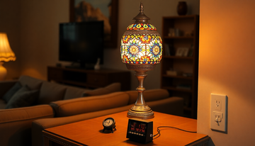 A handmade Turkish mosaic glass table lamp glowing warmly on a console table with a mechanical timer plugged into the wall outlet below