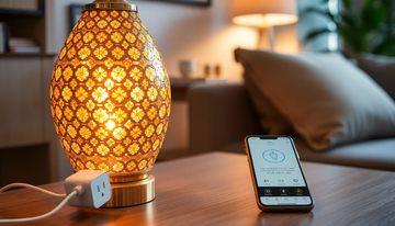 A golden-toned Turkish mosaic glass table lamp plugged into a compact white smart plug adapter on a living room outlet
