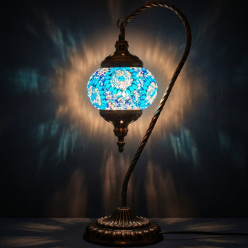 Cold Blue Swan Neck handmade Turkish mosaic lamp showing hand-cut glass detail