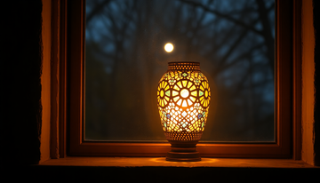 A glowing round Turkish mosaic table lamp on an indoor side table casting warm amber light in a cozy living room at night