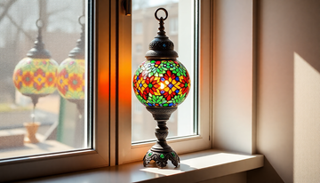 A vivid multicolor Turkish-style mosaic glass lamp glowing brightly, its colors still rich and saturated