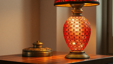 A red and gold Turkish mosaic glass table lamp glowing on a wooden side table, showing its clean metal base and neck