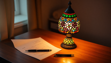 A handmade Turkish mosaic glass table lamp glowing warmly beside an order receipt on a wooden table