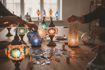 A Turkish-style mosaic lamp making workshop in progress