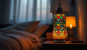 Handmade Turkish mosaic glass table lamp glowing warm amber light on a bedroom nightstand at dusk