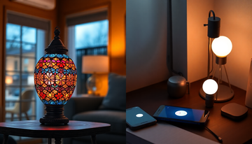 A handmade Turkish-style mosaic glass lamp glowing warmly beside a smart LED bulb and phone app