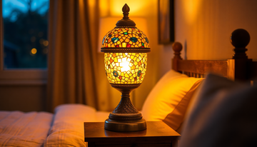 Azure Rainbow mosaic bedside lamp glowing warmly on a nightstand, a handmade Turkish-style mosaic glass lamp