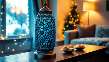 A handmade Turkish-style mosaic glass lamp glowing in blue and silver tones on a console table during Hanukkah season