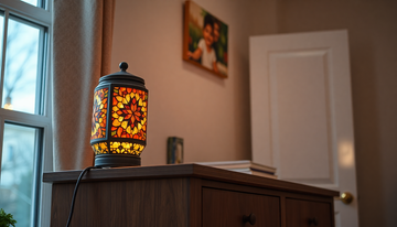 A colorful handmade Turkish-style mosaic glass lamp glowing on a tall dresser above a toddler's reach in a child's bedroom