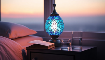 A compact rainbow-blue Turkish mosaic glass bedside lamp glowing on a small narrow nightstand beside a book