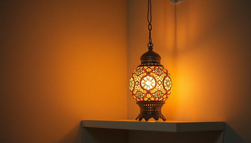 A handmade Turkish mosaic glass table lamp glowing warm amber on a nightstand, its cord tucked out of sight
