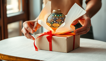 A white flower Turkish mosaic table lamp beside tissue paper, bubble wrap, ribbon, and a gift tag on a table