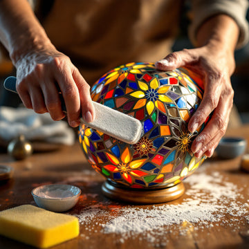 Hands grouting a Turkish mosaic glass lamp globe for a clean professional finish