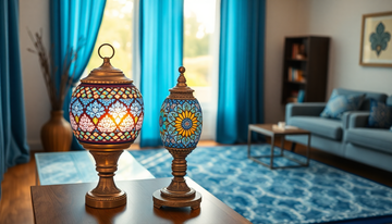 A blue and purple Turkish mosaic glass table lamp on a console table with a coordinating blue patterned rug and curtains