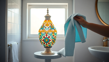 A handmade Turkish mosaic glass table lamp being gently cleaned with a soft cloth in a bright bathroom