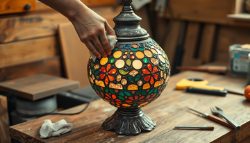 A weathered vintage Turkish mosaic glass lamp being gently restored on a wooden workbench with cleaning tools nearby