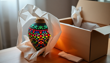 A colorful Turkish-style mosaic glass lamp being carefully wrapped in soft tissue before boxing for storage