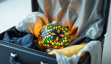 A Turkish-style mosaic glass lamp carefully wrapped and cushioned inside a padded travel case