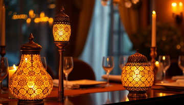 An elegant Turkish mosaic glass pitcher-style table lamp glowing warmly on a dinner party sideboard with a set dining table in soft focus behind it