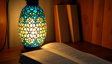 A blue Turkish mosaic glass desk lamp glowing warmly beside an open book on a wooden desk