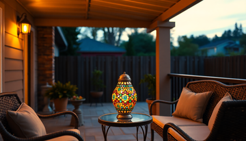 A handmade Turkish-style mosaic glass lamp glowing on a covered patio table at dusk, protected by a roof overhang