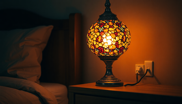 A handmade Turkish-style mosaic glass lamp glowing beside a standard US wall outlet on a bedroom nightstand