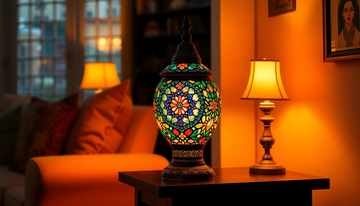 A colorful handmade Turkish mosaic glass table lamp glowing warmly and intact on a side table in a cozy living room
