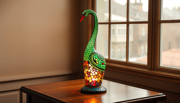 A handmade Turkish mosaic glass table lamp with a swan-neck design standing on a wooden table, base clearly visible