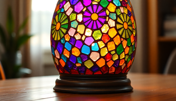 A close full-body shot of a purple and rainbow Turkish mosaic glass table lamp showing fine grout seams between hand-cut glass pieces