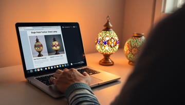 A person's hands typing on a laptop showing a colorful Turkish mosaic glass lamp product page, a real matching lamp glowing on the desk