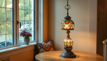 Warm-lit Turkish mosaic table lamp glowing on the corner of a breakfast nook table beside a sunny window