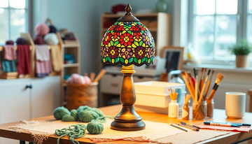 A vibrant multicolor Turkish mosaic glass desk lamp glowing on a craft table surrounded by yarn and paintbrushes