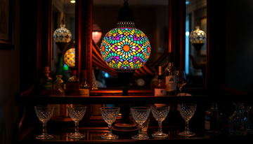 A colorful Turkish-style mosaic glass lamp glowing on a home bar cart behind bottles and glassware